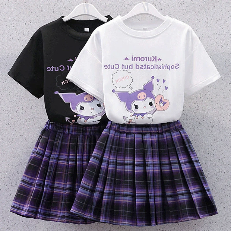 

Sanrio Kuromi Kawaii Girls College Style T-shirt Skirt Suit Summer Clothes JK Uniform Skirt Short Sleeve T-shirt Two Piece Set