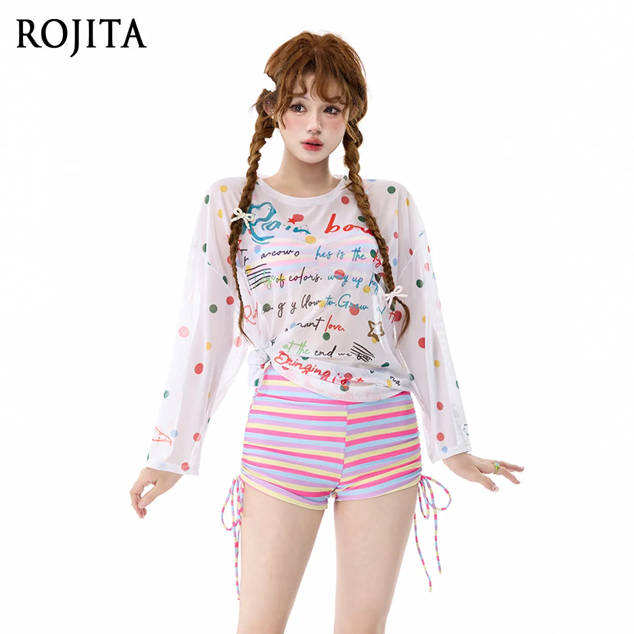 Split Swimsuit Cute 3 Piece Swimsuit Set Rainbow Stripe Bandeau Bikini with Mesh Letter Print Sun Protection Cover Up Shirt