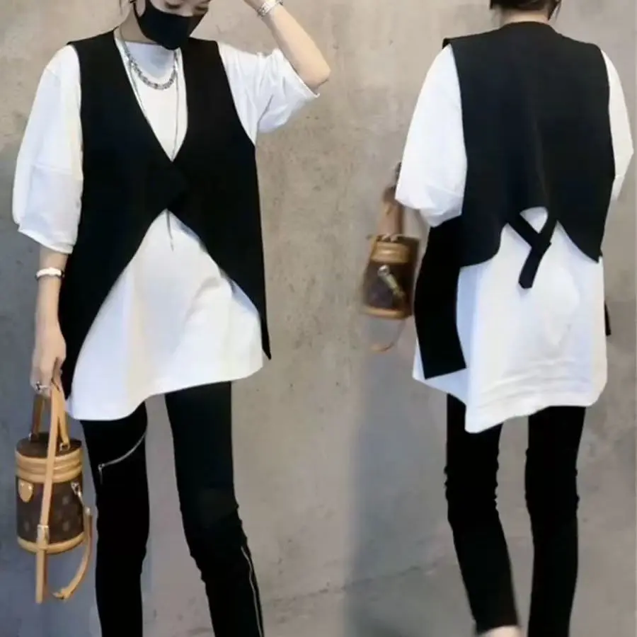 Fashionable Mid-Length T-Shirt Vest Women's Base Layer Three-Piece Set Age-Defying Spring Summer Small Size Internet Celebrity