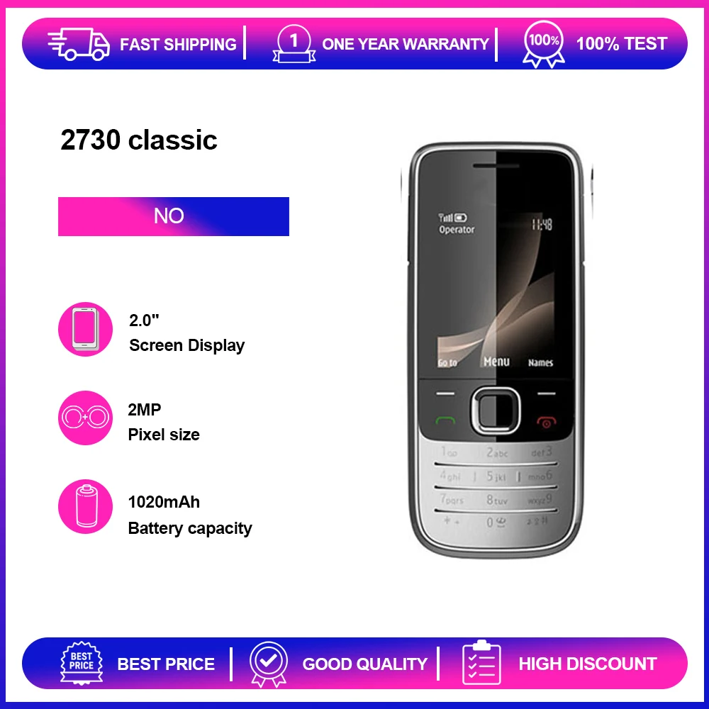Teléfono Desbloqueado Reacondicionado 2730 Classic 2730C 2MP 2G/3G GSM 900/1800 1020mAh con Teclado en Ruso, Árabe y Hebreo