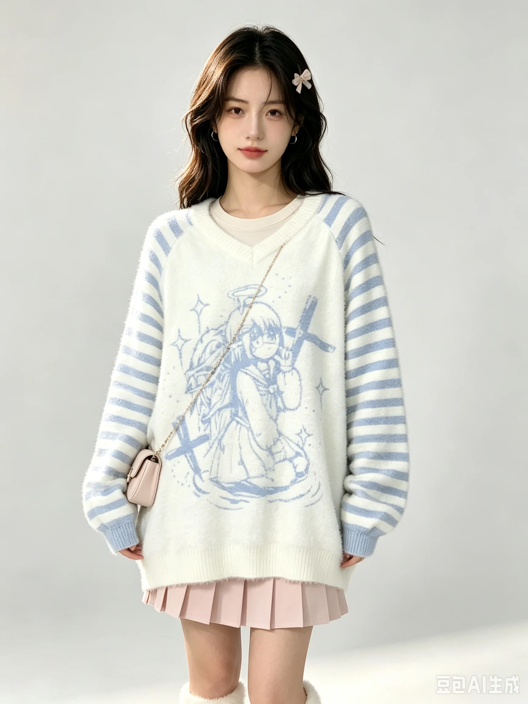 Japanese Jumper Cartoon Pullovers for Women Pull Femme Casual Fashion Knit Loose V-neck Striped Sweater Tops Fall Winter Clothes