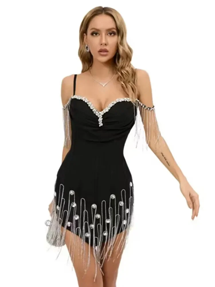 Women Luxury Evening Club Party Dres Sexy Black Spaghetti Strap Crystal Deco Bodycon Mini Short Fringed Bandage Dresses