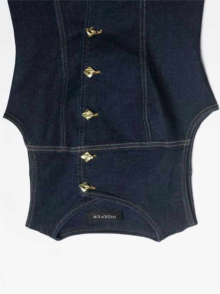 

HH Women Fashion Round Collar Single-breasted Streetwear Denim Top Female Sleeveless Party Waist Solid Short Summer Waistcoat