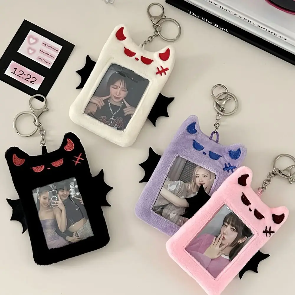 Bat Demon Cartoon Plush Photocard Holder Transparent Korean Style Cartoon Card Cover Protective Case with Keychain Pendant