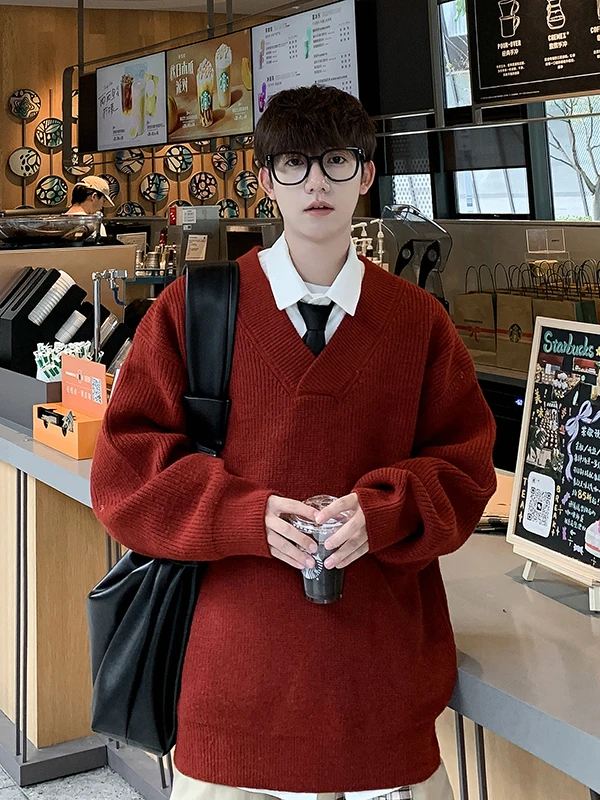 

Japanese College Sle V-Ne Sweater Men's Autumn Winter Thiened Pure Color Knitted Loose Fit Casual Wear Long Sve