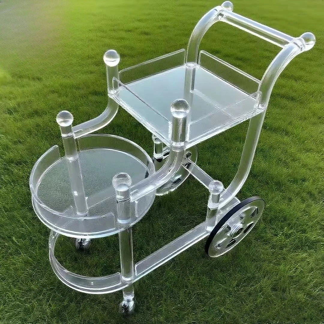 Triple Crystal Clear Acrylic Bar Cart - Vintage Rolling Beverage Cart for Hotel/Wedding Deluxe Triple Beverage Cart