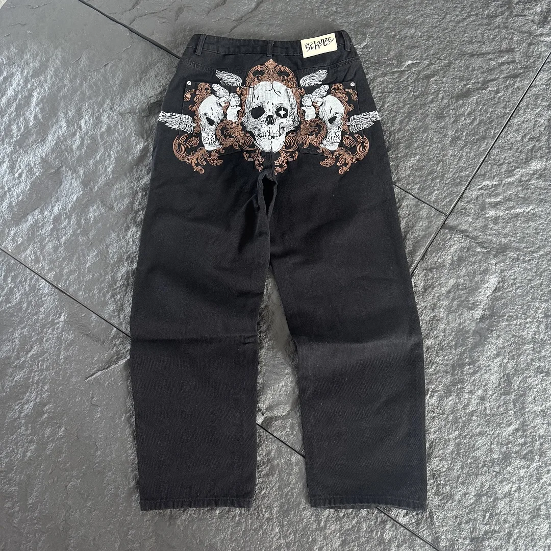 2026 High Street Dert Design Triple Skulls Embroidery Men Straight Denim Pants Jeans Loose Fit Men Casual CARGE Jeans
