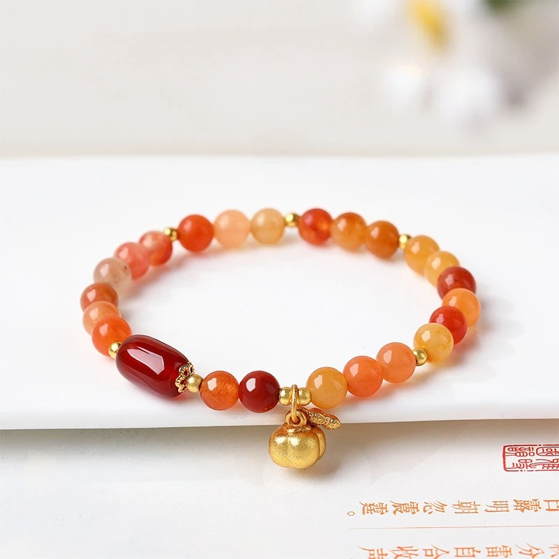 Pulsera de Jade de Seda Dorada Natural con Cuentas de Caqui, Amuletos, Accesorios de Piedras Preciosas, Brazalete con Dijes, Amuleto de Lujo Tallado, Regalos de Moda