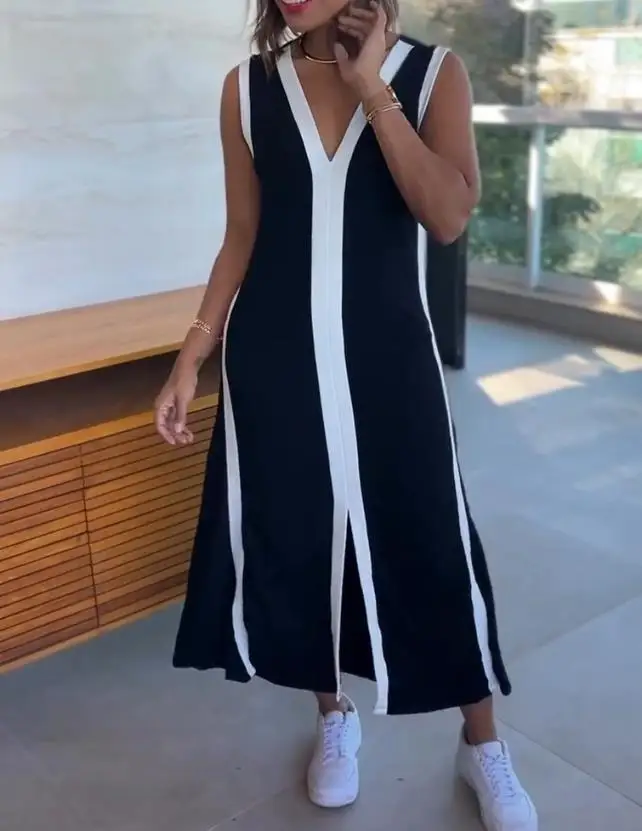 

Womens Dresses 2025 Spring Fashion Striped Sleeveless Plunge Neckline Midi Dress with Slit Detail Casual Loose Fit A Line Dress