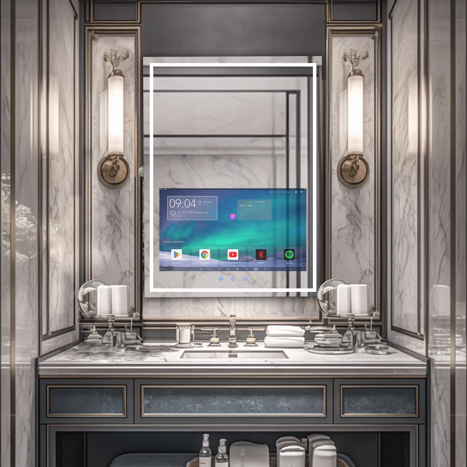 Smart Bathroom Vanity Mirror with Touch Screen TV, LED Lights, Anti-Fog, Wi-Fi & Bluetooth