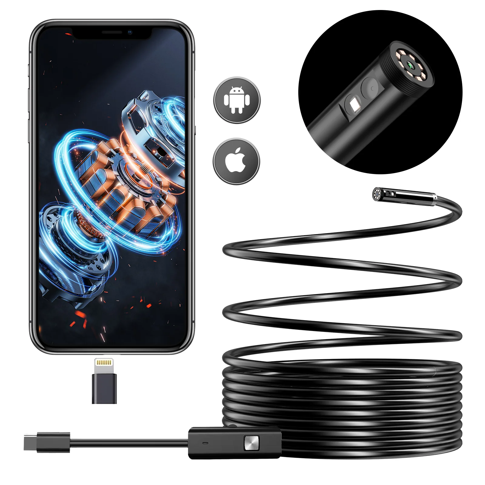 Endoscope Camera with Semi-Rigid Snake Camera 1080P HD Borescope Tools with 8 Adjustable LED Lights for iOS and Android