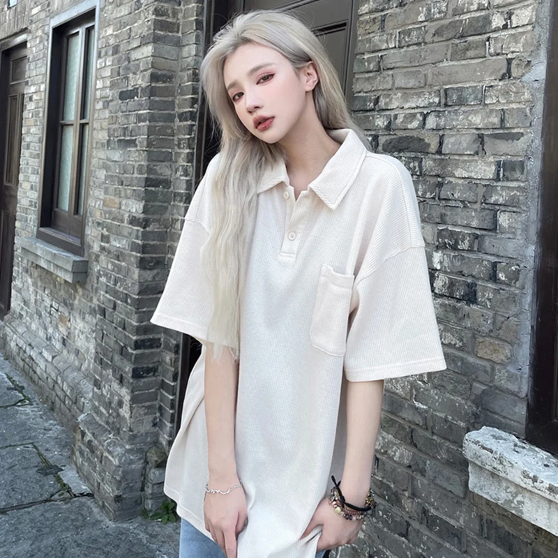 Waffle Vintage Polo Oversized Side Slit 2022 Summer Short Sleeve Women T Shirts Korean Pullover Japanese Fashion Harajuku Tops