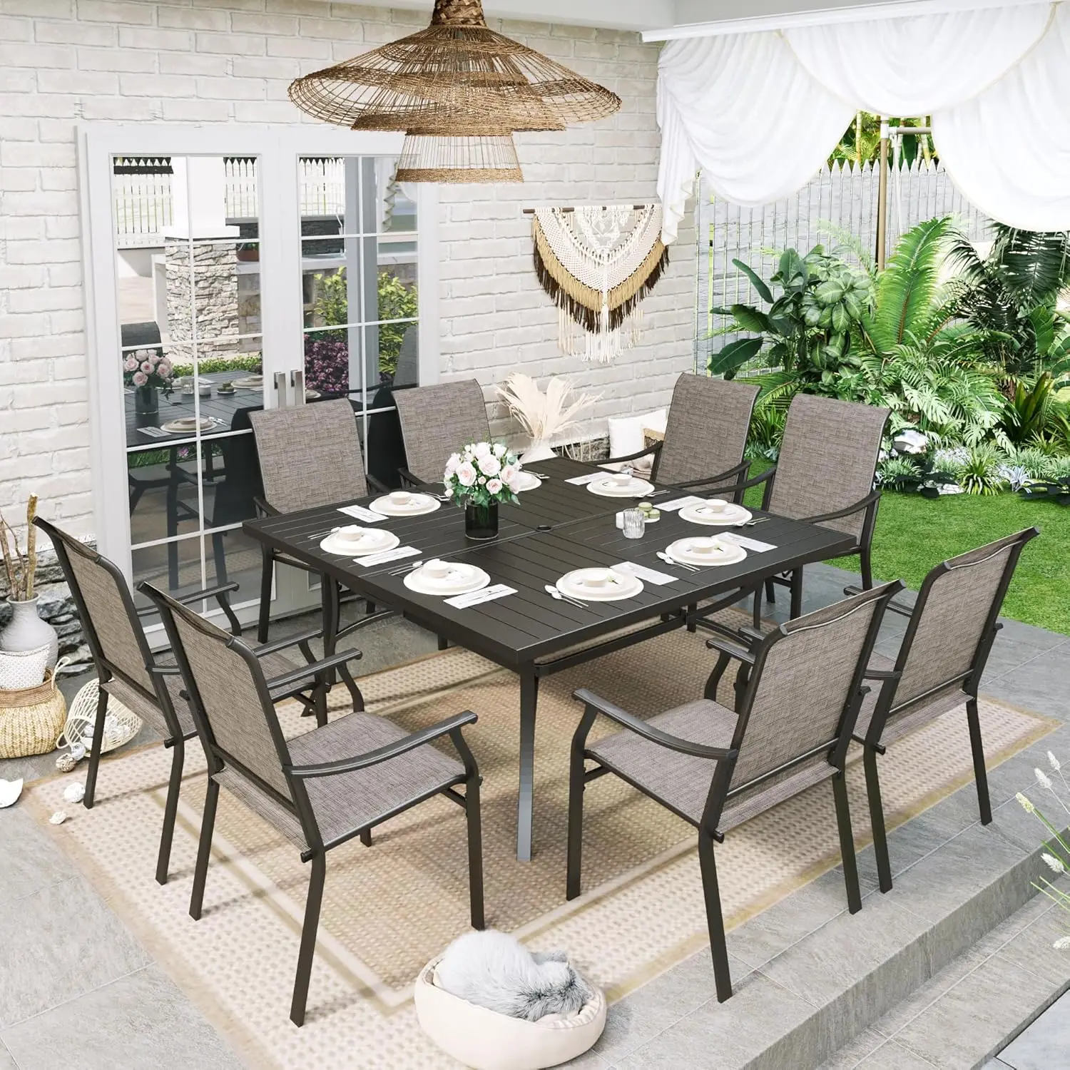 Patio Dining Set 9 Pieces, 8 Quick Dry Textilene Chairs and 1 Large Square Outdoor Dining Table, Park