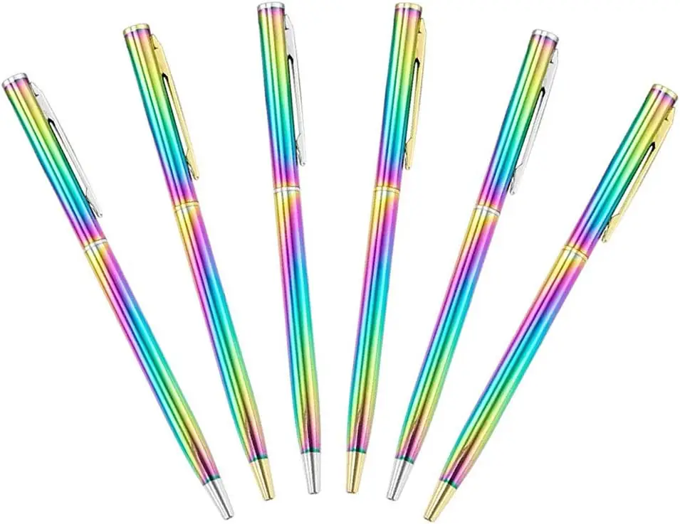 

Set of 6 Rainbow Metal Ballpoint Pen Slim Retractable Black Ink Pen Creative Signature Pens, Silver+Gold