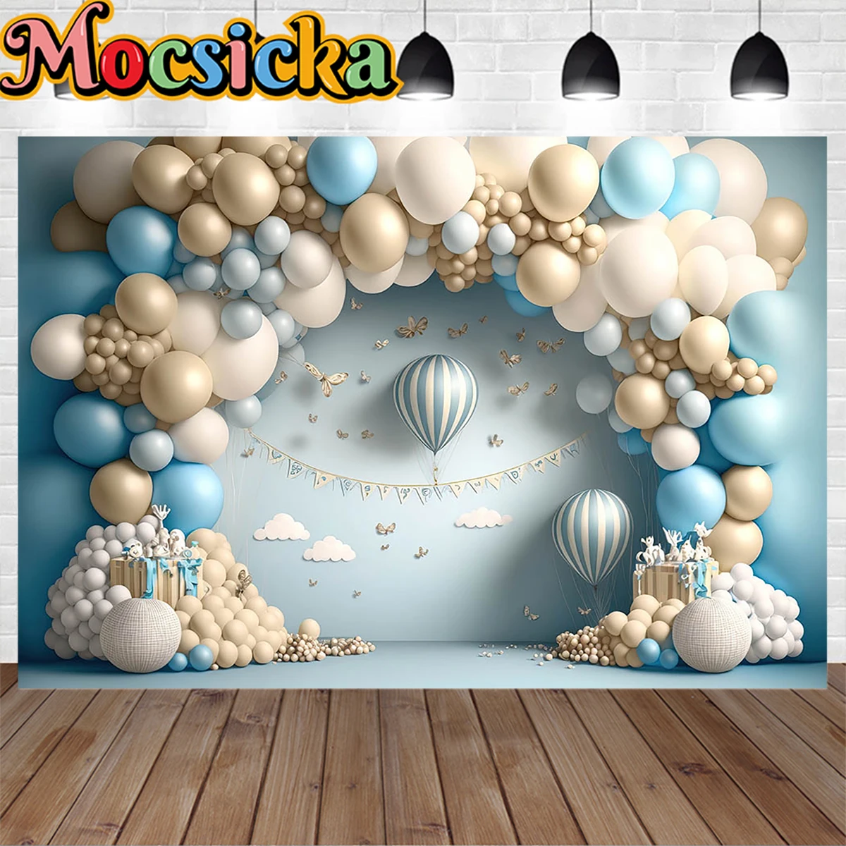 

Blue Beige Hot Air Balloon Decor Cake Smash Background Studio Photography Newborn Boy 1st Birthday Party Backdrop Photobooth Kit