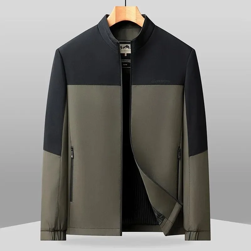 Men Stand Collar Color Block Zip Up Jacket Zipper Pockets Long Sleeve Casual Outerwear Coat