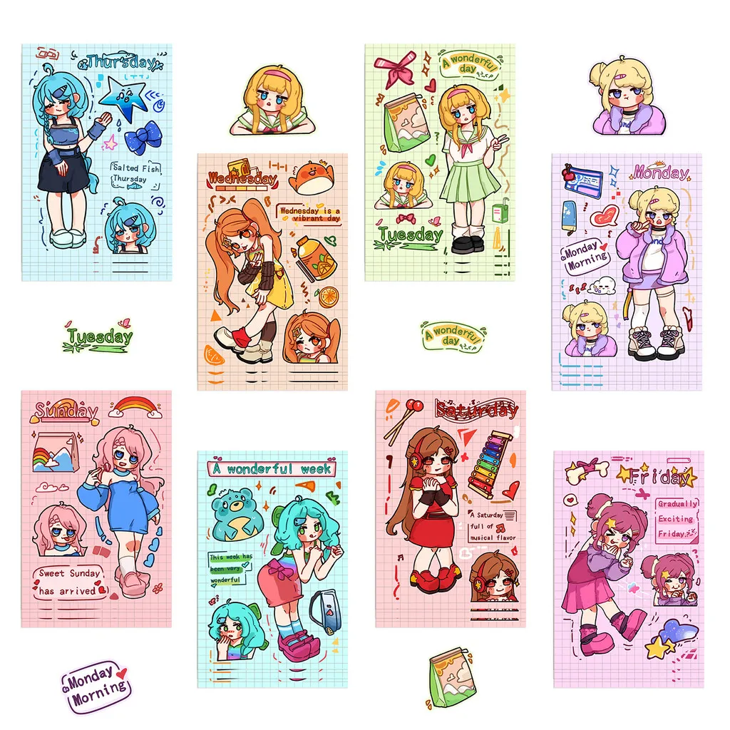 8 Styles Kawaii Girly Scrapbooking DIY Decorative Stickers Waterproof Embellishments for Journals Notebooks Water Bottles