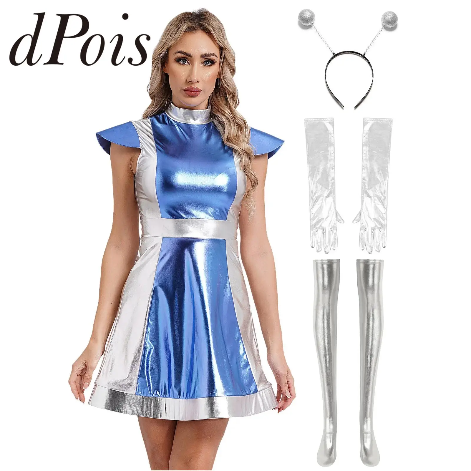 

Women Outer Space Fighter Alien Dress-up Performance Costume Hair Hoop Gloves + Stockings Metallic Shiny Astronaut Cosplay Dress