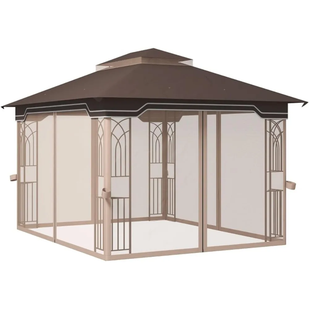 12x10FT Patio Gazebo, Suitable for garden awnings, terrace pavilion awnings, Coffee Brown, Beige, Double-vented roof