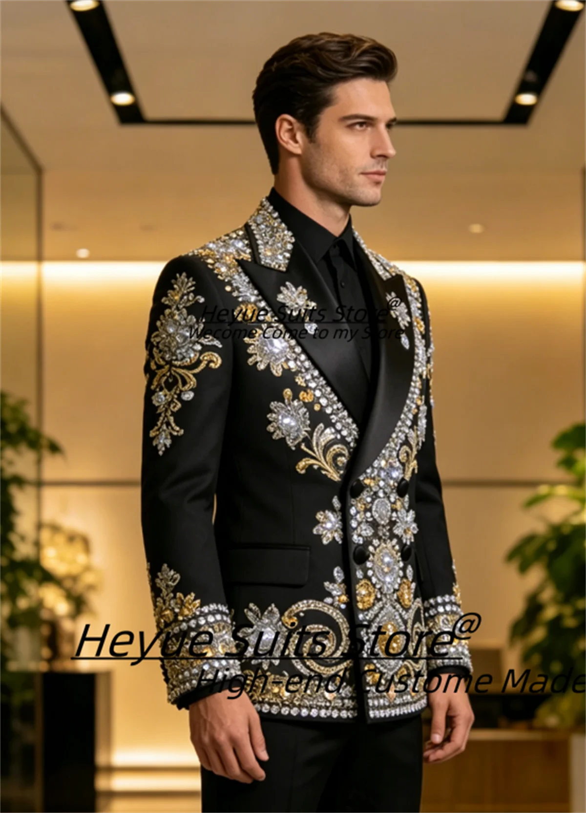 Fashion Exquisite Diamond Crystals Men Suits 2 Pieces Sets Customized Slim Fit Double Breasted Groom Wedding Tuxedos Ropa Hombre