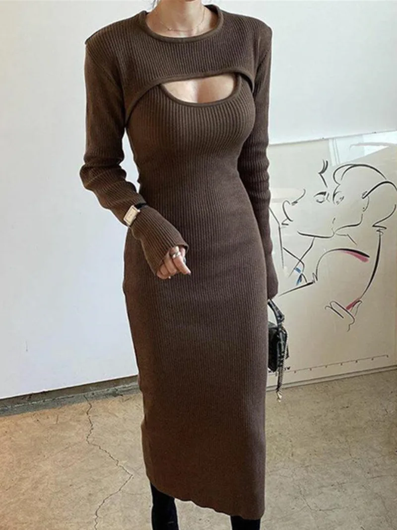 Autumn/winter Spicy Girl Style Sexy Hollow Knitted Long Sleeve Smock+high Waisted Wrap Hip Slim Long Dress Two Piece Set NREE