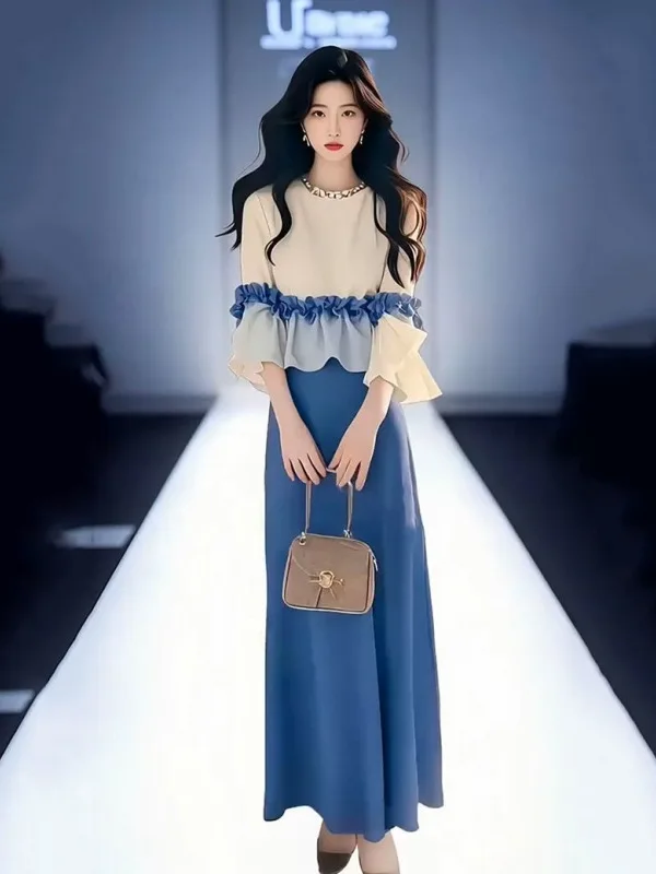 

Anti-Aging Faion Set High Waist Slimming f-length Skirt Contrast Color irt Mid-length Polyester Fiber Workwear