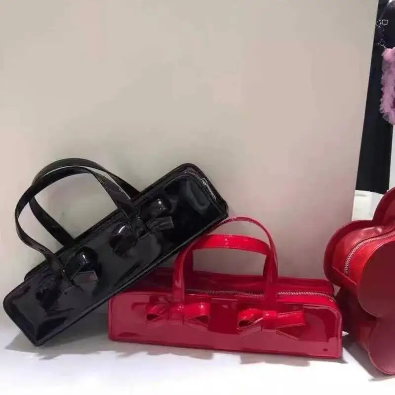 Bloom Retro Bow Red Y2k Hand Purse Women Hot Girls Leather Zipper Shoulder Bags Ladies Fairy Core Aesthetic Underarm Bag