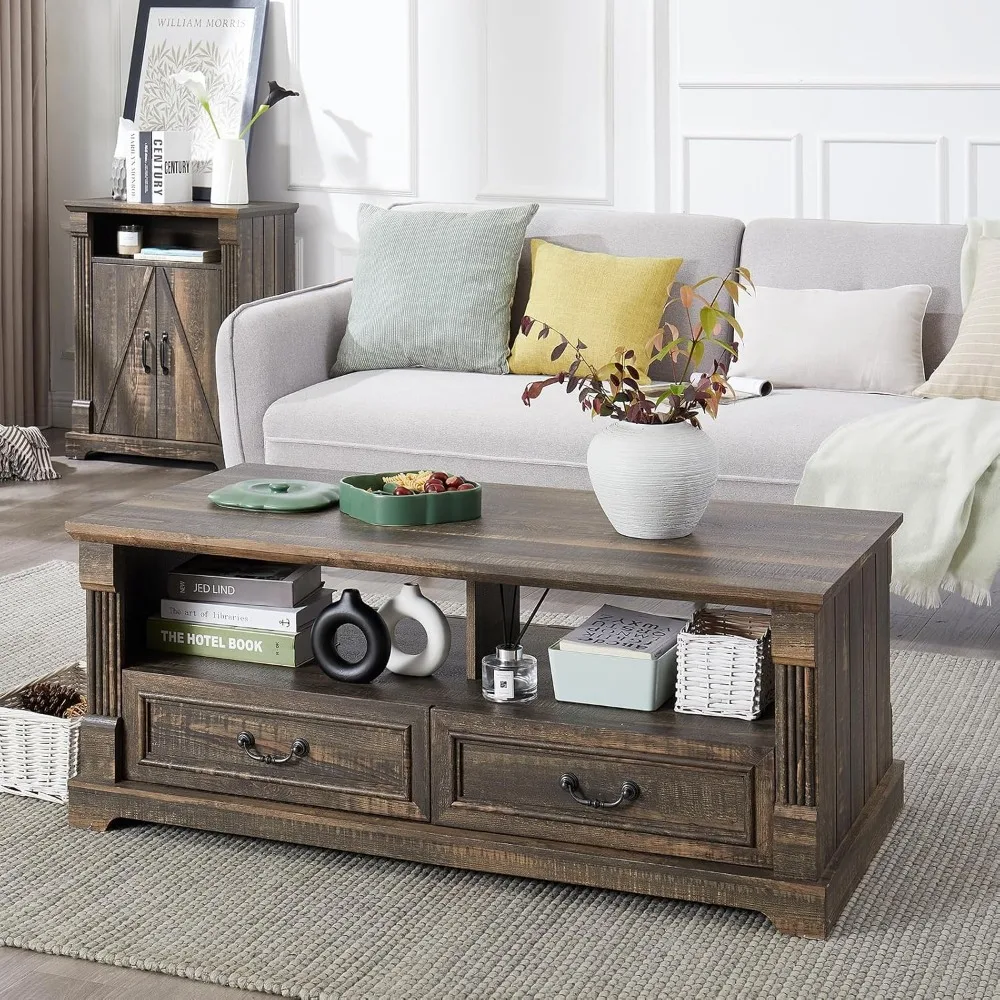 

48'' Wood Coffee Table for Living Room, Farmhouse Coffees Tables with Storage, with 4 Drawers, Coffee Table