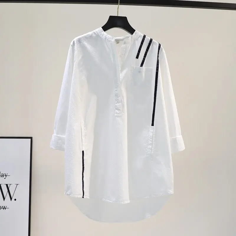 

Striped Color-blocking Mid-length Pullover White Cotton Linen Shirt Dress for Women in Autumn New Korean Loose Casual Shirt