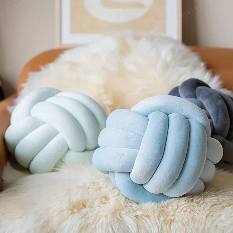 Knotted Hand Woven Plush Ball Round Throw Pillow Waist Back Cushions Home Sofa Bed Car Decoration Dolls Toys For Kids