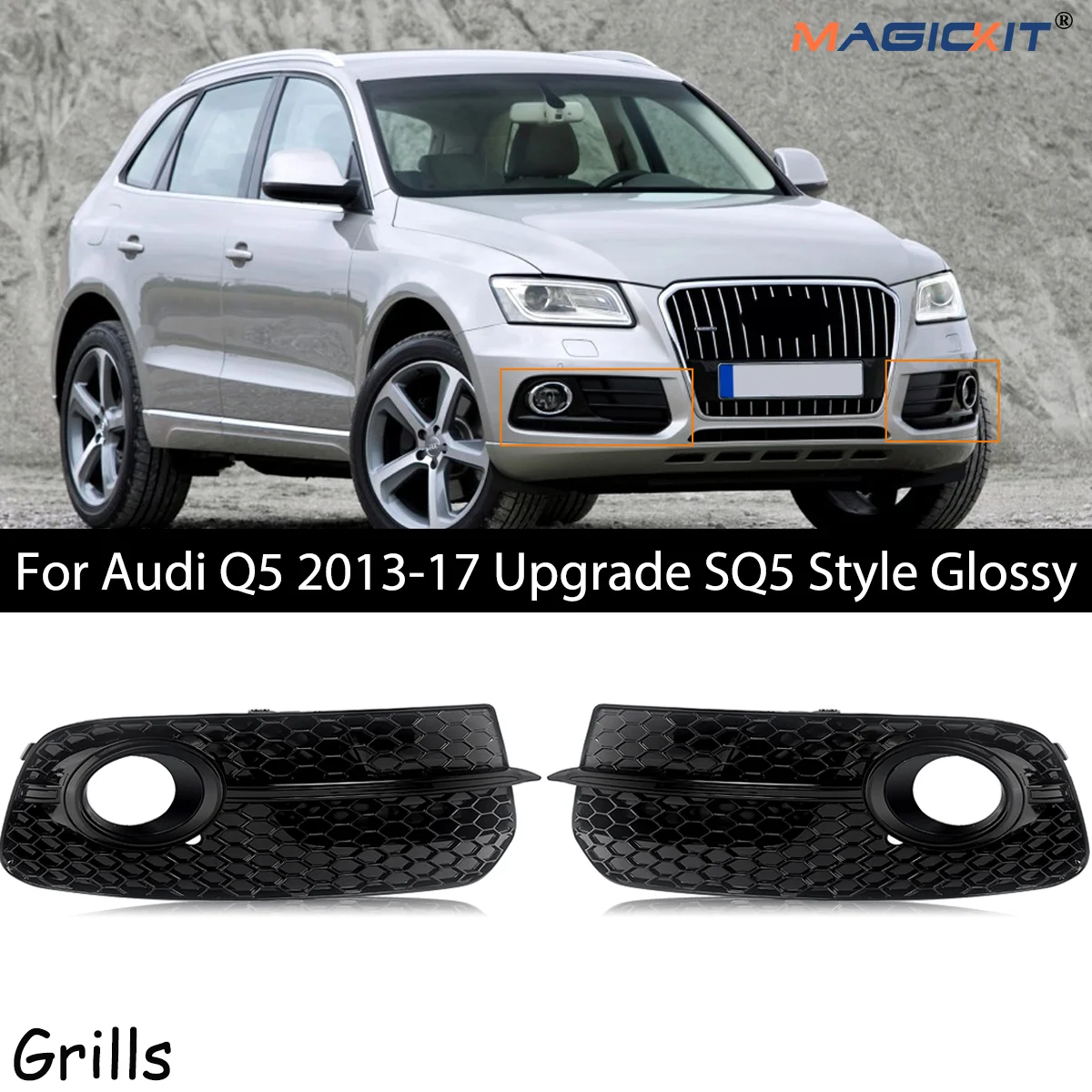 

MAGICKIT For Audi Q5 2013-2017 Upgrade SQ5 Style Glossy Front Bumper Fog Light Grille Grill CAR Accessories Gloss Black ABS