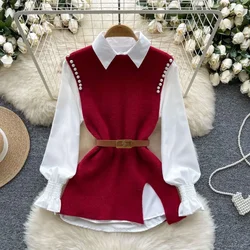 Women's Autumn Winter Graceful Lucky Red Pearl Sweater Vest Shirts Two Piece Set Lady Falls Knit Tank Tops Blouse with Belt