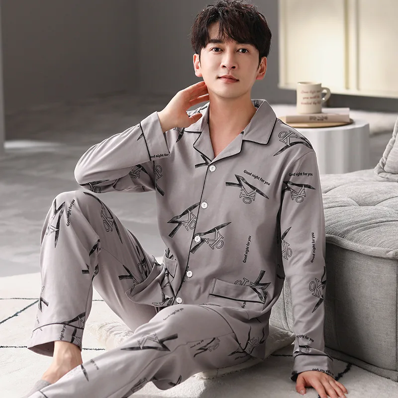 

New Men Pajamas Youth Cardigan Long-sleeved Long Pants Big Yards Can Be Worn Outside The Home Clothing Suit Men's Loose Pajamas