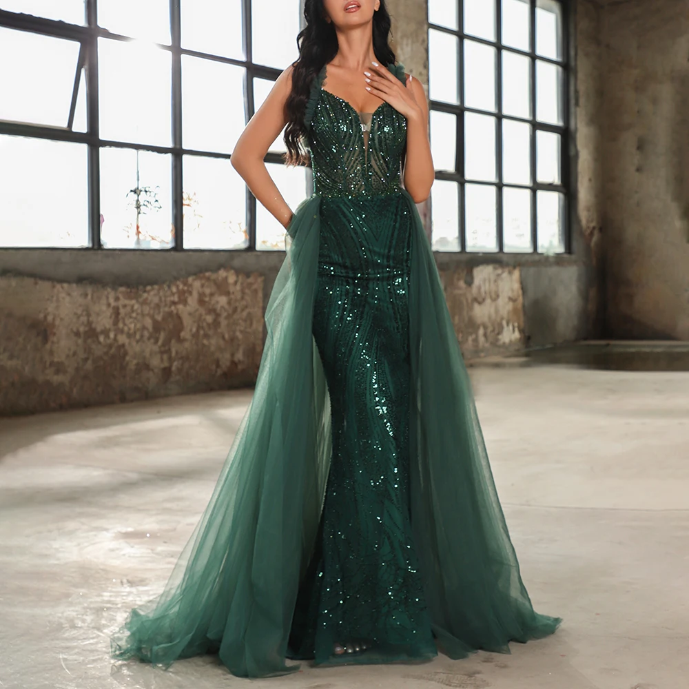 Luxury Strap Beaded Sweetheart Sleeveless Dubai Evening Dresses For Women Wedding Elegant Green Lace Arabic Formal Party Gown