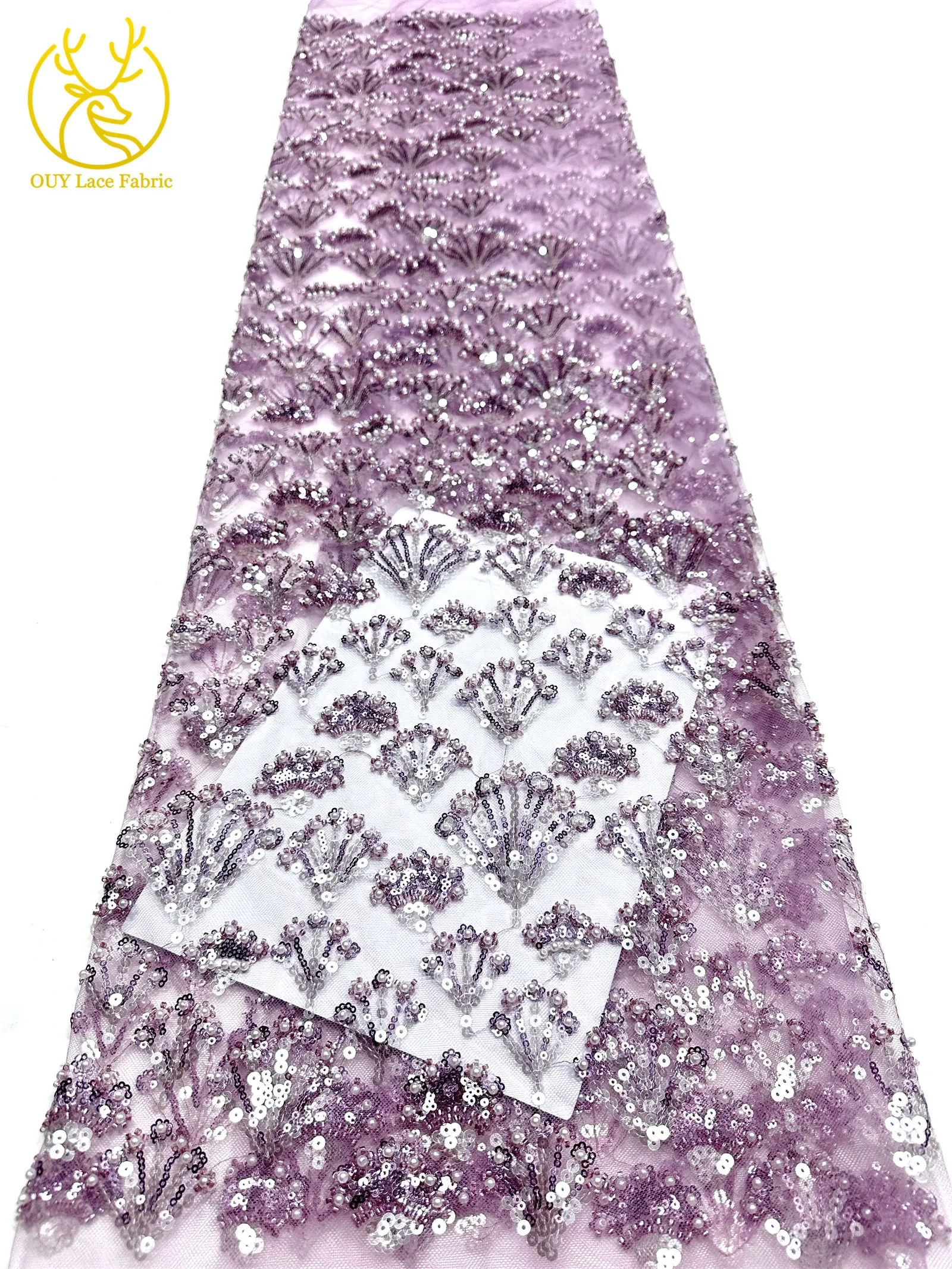 Luxuriöser französischer Perlen-Pailletten-Spitzenstoff 5 Yards Premium Hochzeitsstoff Nigerianischer Bräutigam Bestickter Tüll-Spitzenstoff für Brautkleider – Detail 16