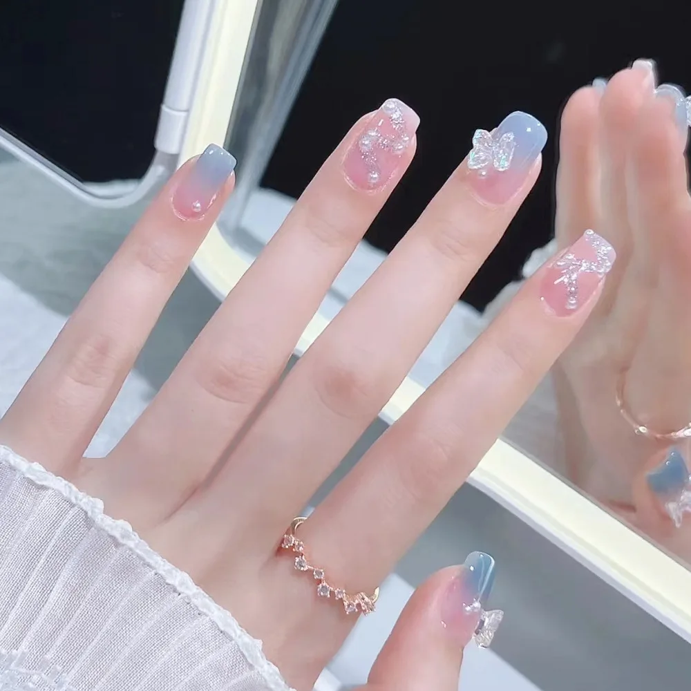 Faux ongles à tête carrée mi-longue, 24 pièces, avec fleur, poudre brillante, à pression, strass, couverture complète détachable