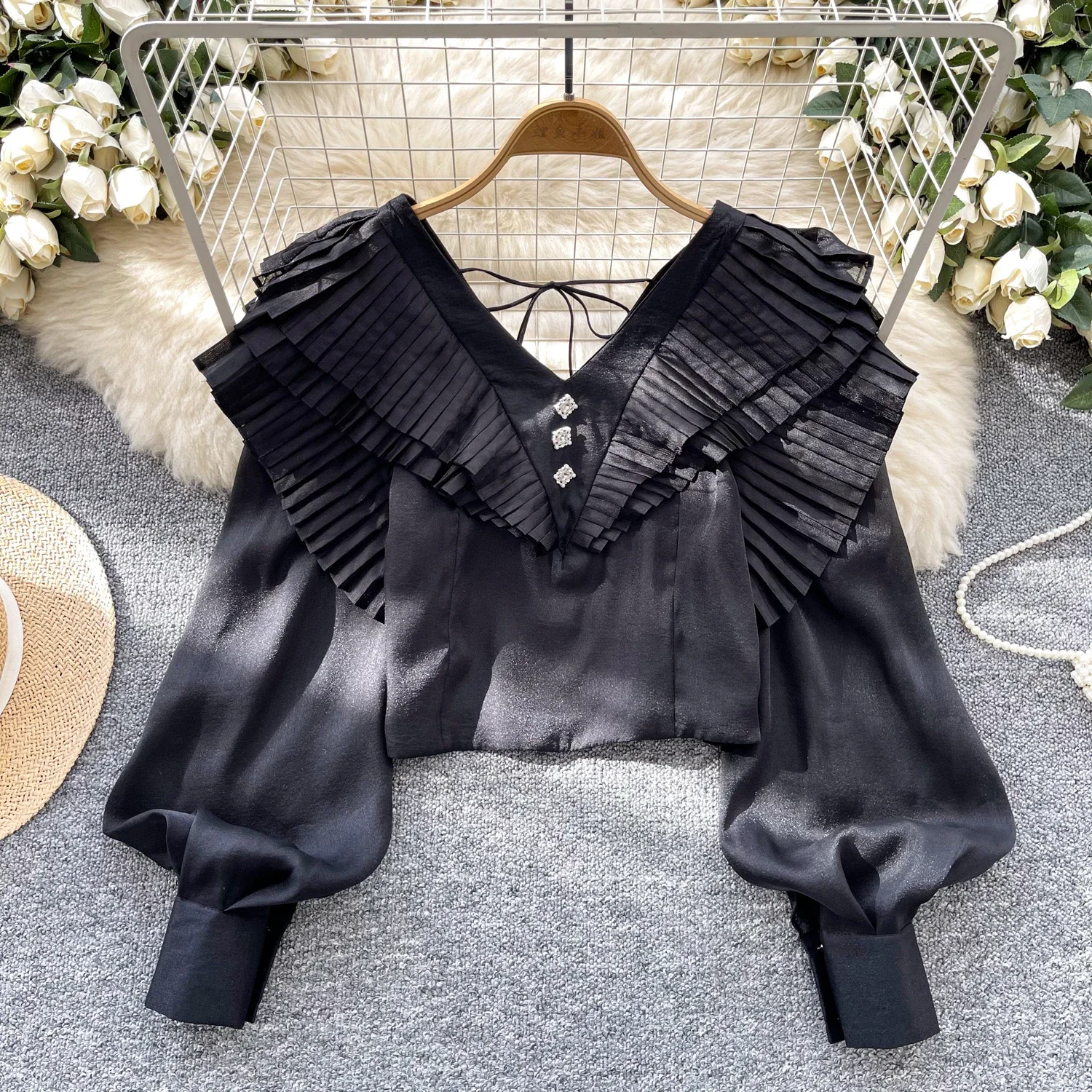 Vintage V-neck Elegant Long Lantern Sleeves Chic Ruffles Slim Top Korean Streetwear High Street Autumn Winter Basics Clothing