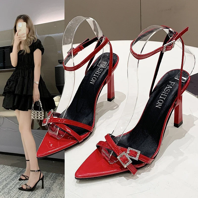 

Red Pointed Toe Sandals Women Thin High Heels Ladies Narrow Band Summer Buckle Strap Gladiator Pumps Wedding Party Shoes