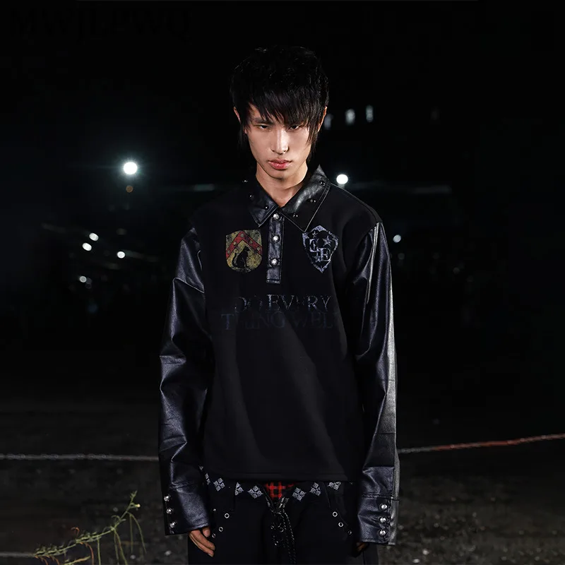 

MWJLPWQ Badge Dark Punk Rivet Collared Sweatshirt Unisex Printed Long Sleeve Lapel Spliced Leather Design Male Spring Tops 14570