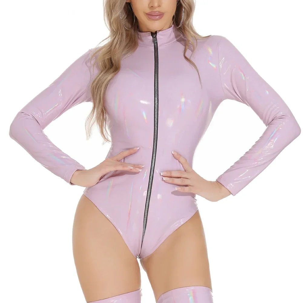 المرأة مثير طويلة الأكمام بو الجلود ارتداءها نظرة الرطب البريدي Crotchless بذلة الأسود والوردي الأحمر والأرجواني الفاتح والأبيض