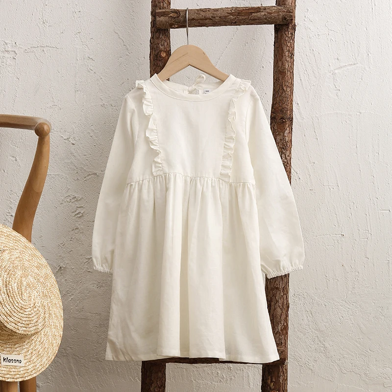 Girl\'s Cotton And Linen Ruffled Long-Sleeved White Dress 2024 Autumn New French Cute Solid Color Baby Girl Princess Dresses