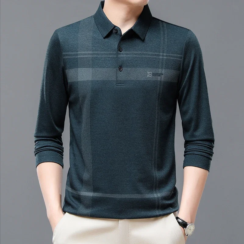قميص بولو غير رسمي بأكمام طويلة للرجال لخريف 2025 منتج جديد للأعمال بلون سادة تي شيرت غير رسمي متعدد الاستخدامات