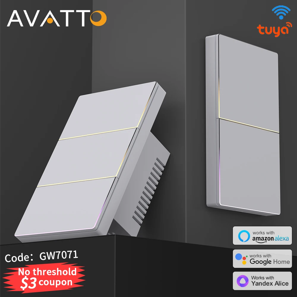 AVATTO Tuya WiFi US Smart Light Switch 1/2/3/4Gang Button Switch With Ambient Light APP Control Works With Alexa Google Home