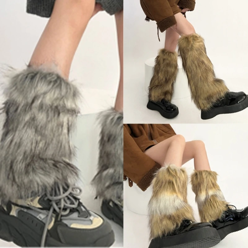 Women Harajuku Fuzzy Plush Leg Warmers Japanese JK Winter Warm Thickened Furry Cover Vintage Leg Sleeve Long Socks