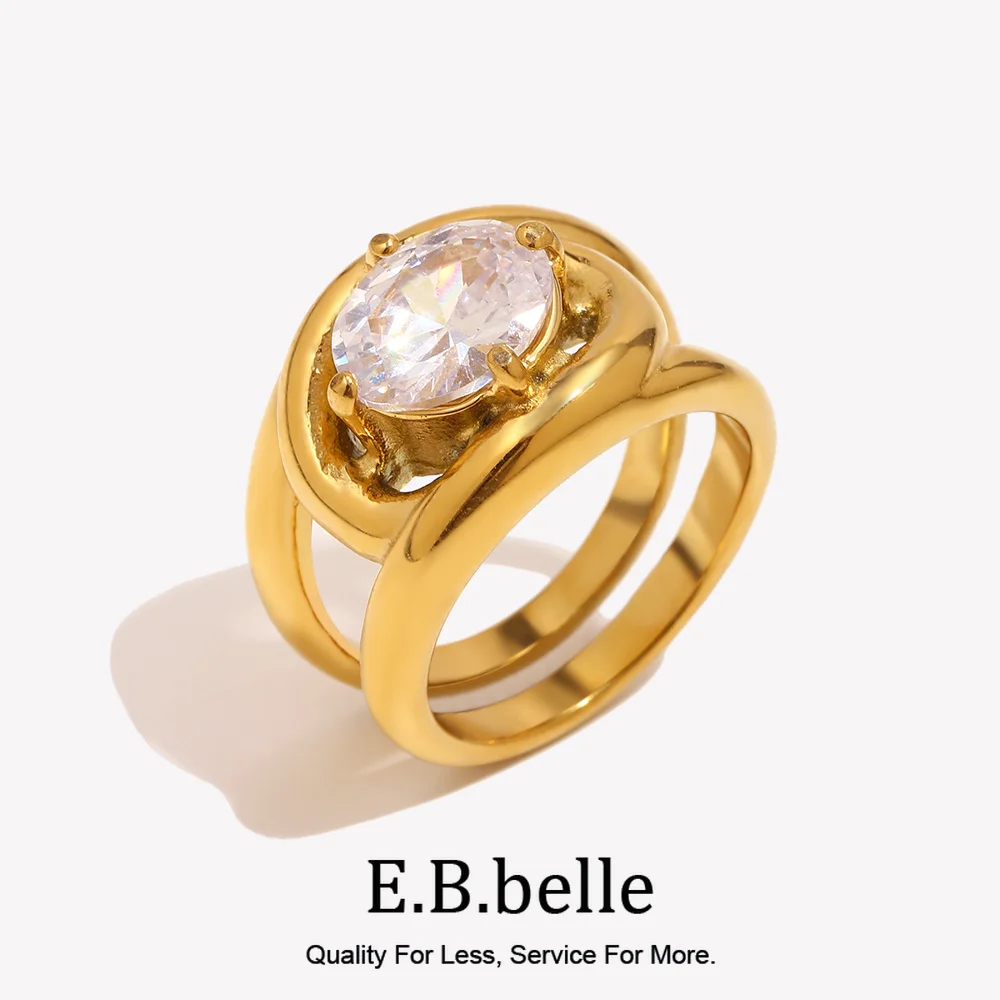 E.B.belle 18K Gold Plated Zircon Double Layered Rings Stainless Steel Anti-Tarnish Ring Fashion Retro Jewelry For Women Gift