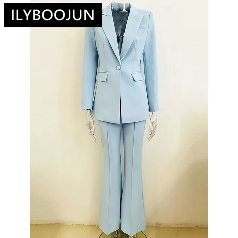 

Blazer Pantsuits Two Piece Set Office Trousers Suit Women Business Single Buttons Sky Blue Flared Pants Blazer Pants Formal Suit