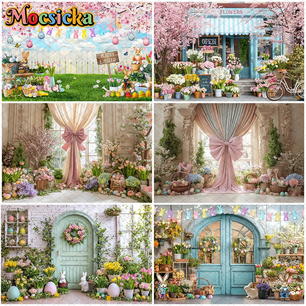 

Mocsicka Easter Backdrops Photography Shooting Props Spring Eggs Curtain Flower Green Grass Decorations Photo Backgrounds Banner