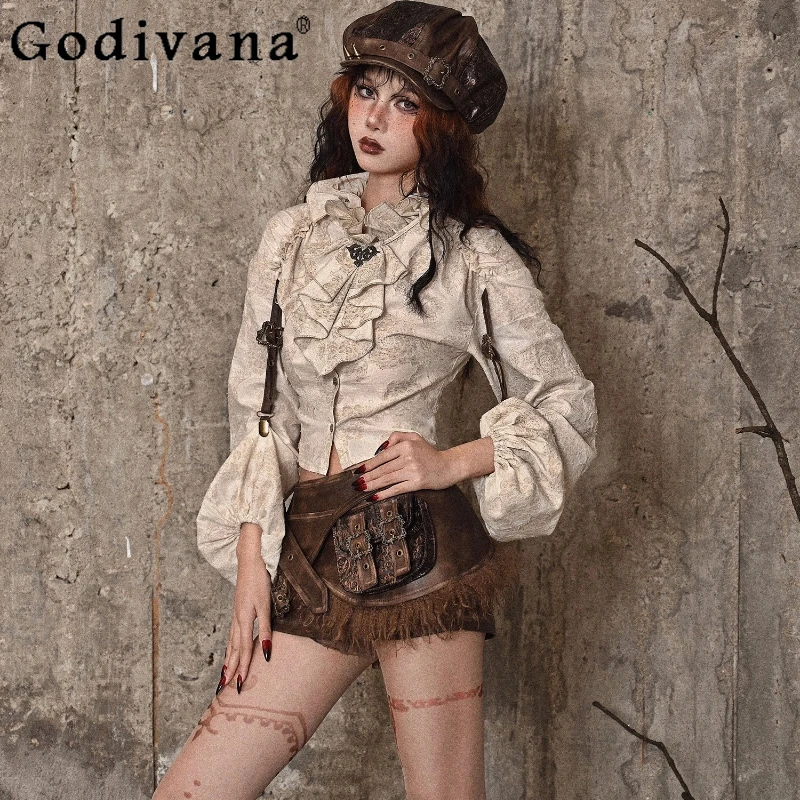 إمدادات الدم الأصلي هالوين قميص المرأة الرجعية قصر تكدرت الوقوف طوق بلوزة الفتيات طويلة فانوس كم قميص خمر