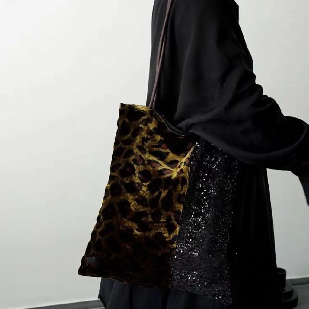 Chic Animal Print Silk Shoulder Tote Bag with Sparkling Sequins for Women