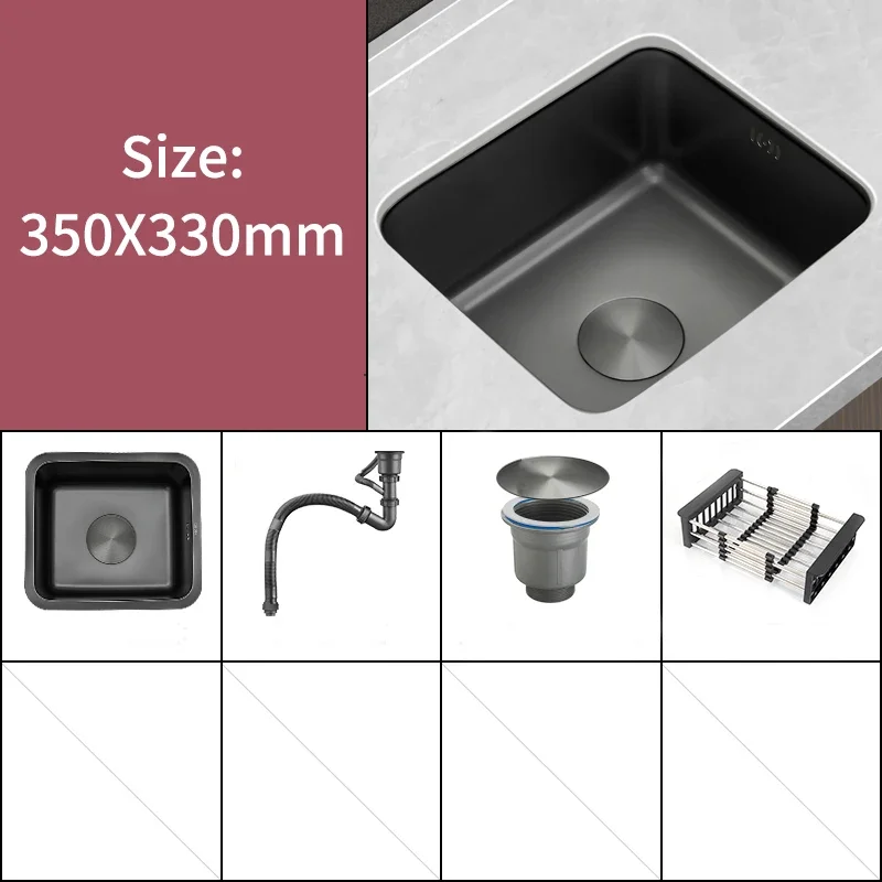 Fregadero de cocina Nano negro de acero inoxidable 304, lavabo de un solo tazón, grifo pequeño, accesorios de drenaje para el hogar